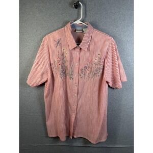 Koret Francisca Shirt Womens 16W Red Stripe Floral Short Sleeve Embroidered Top